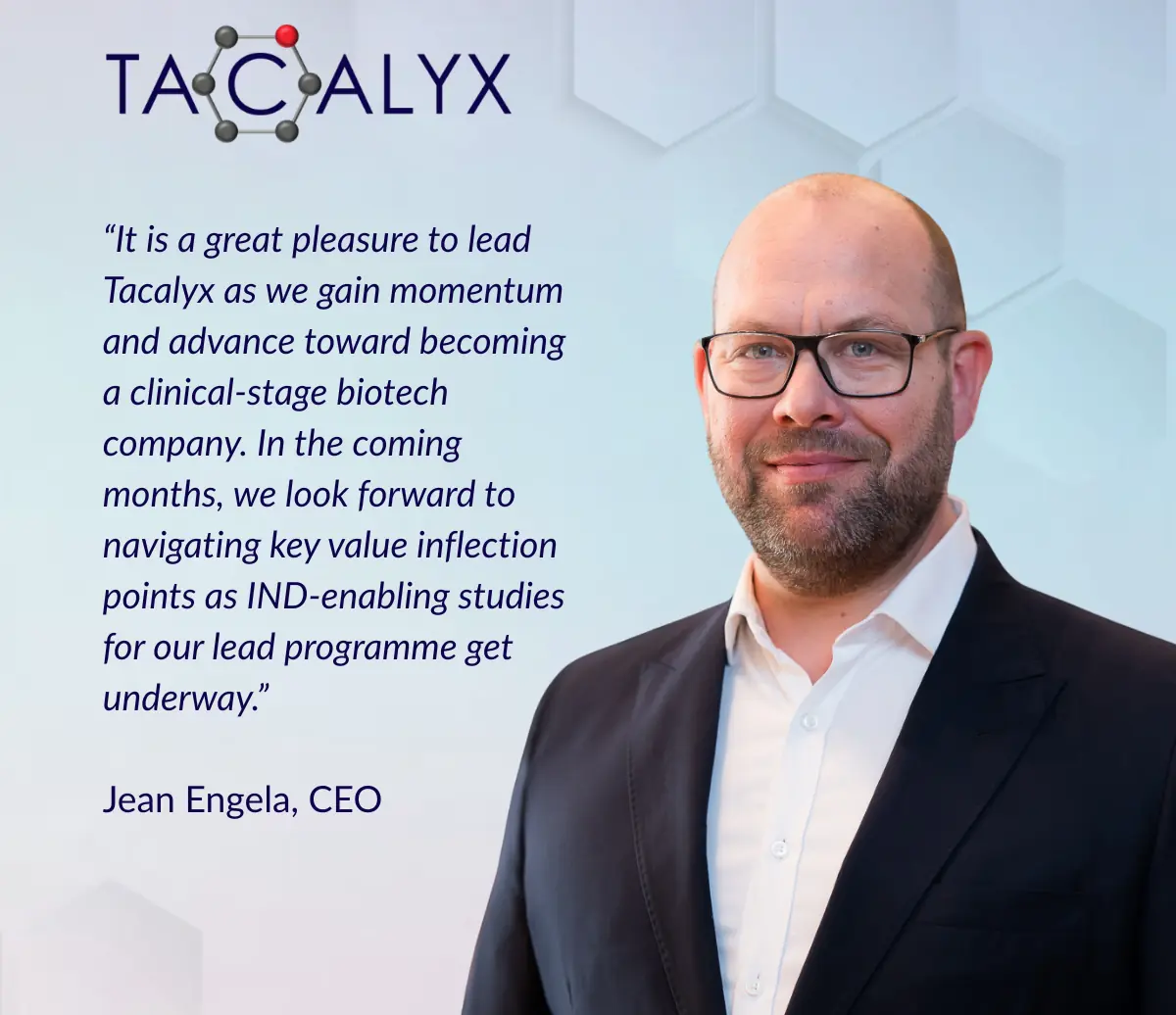 Jean Engela, CEO, next to a quote on leading Tacalyx toward becoming a clinical-stage biotech company