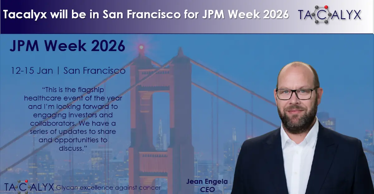 Jean Engela, CEO of Tacalyx, in front of the Golden Gate Bridge, announcing JPM Week 2026 in San Francisco, January 12 to 15
