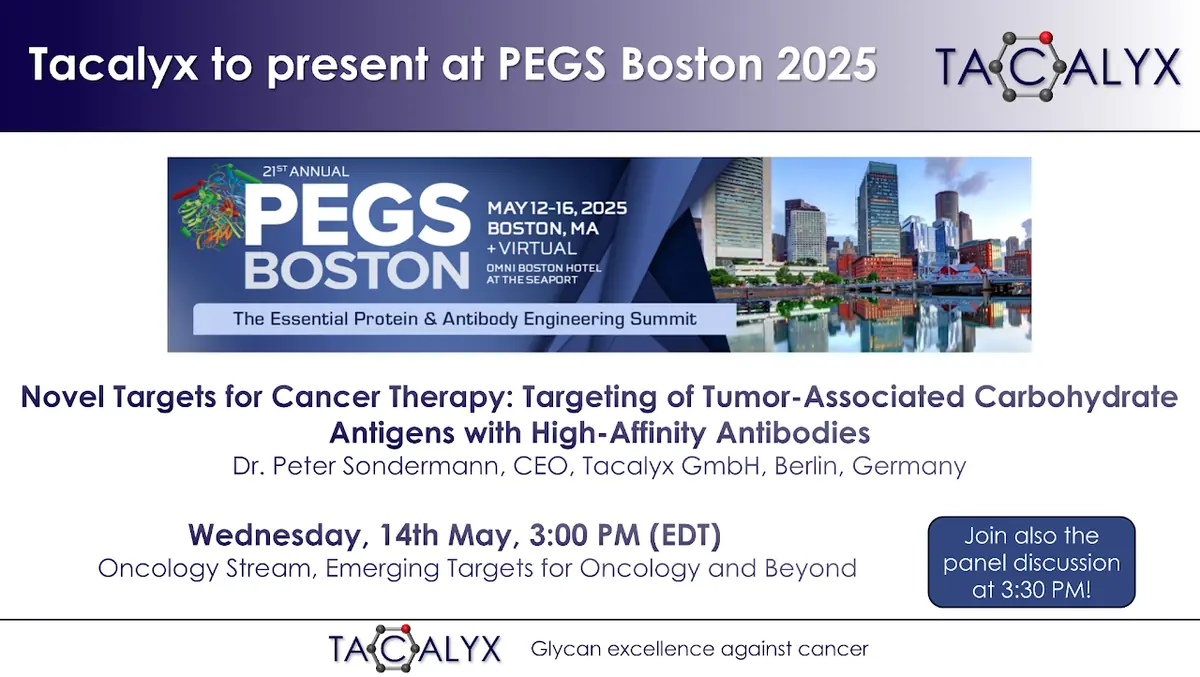 Announcement of Dr. Peter Sondermann's talk on targeting tumor-associated carbohydrate antigens at PEGS Boston 2025