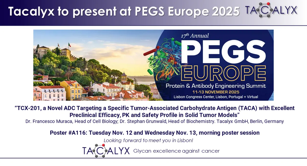 Announcement of Tacalyx poster A116 on TCX-201 at PEGS Europe 2025 in Lisbon