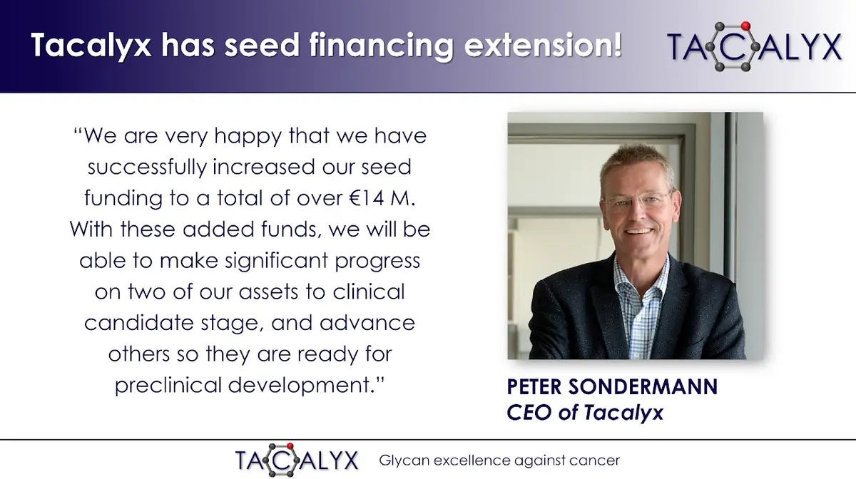 Peter Sondermann, then CEO of Tacalyx, next to a quote on the seed extension to over 14 million euros